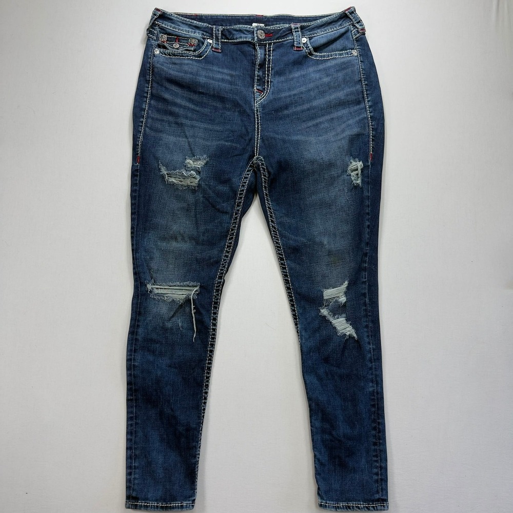 True Religion Womens Skinny Jeans 38 Distressed Dark Wash Contrast Stitch Blue
